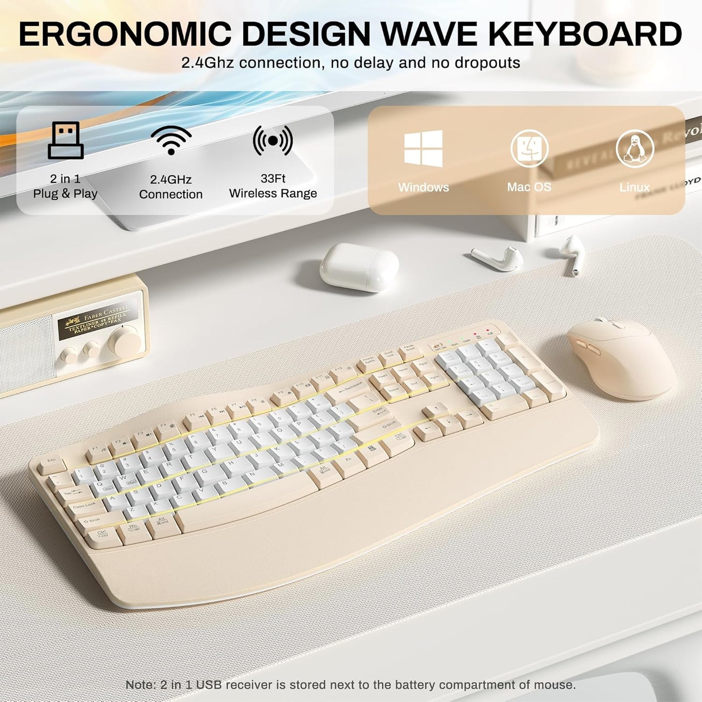 Wireless Keyboard and Mouse Combo,2.4G Full Size Wave Keys Ergonomic Keyboard with Wrist Rest for Natural Typing, 3 DPI Adjustable Ergonomic Silent Mouse for Computer/Laptop/Windows/Mac (Gray)