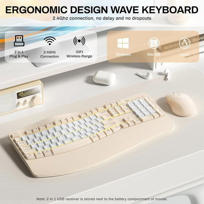 Wireless Keyboard and Mouse Combo,2.4G Full Size Wave Keys Ergonomic Keyboard with Wrist Rest for Natural Typing, 3 DPI Adjustable Ergonomic Silent Mouse for Computer/Laptop/Windows/Mac (Gray)