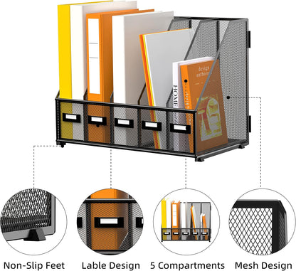 DALTACK 5 Vertical Compartments Magazine File Holder, Binder Organizer, Metal Desk Organizers for Office Home School Classroom Organization, Black