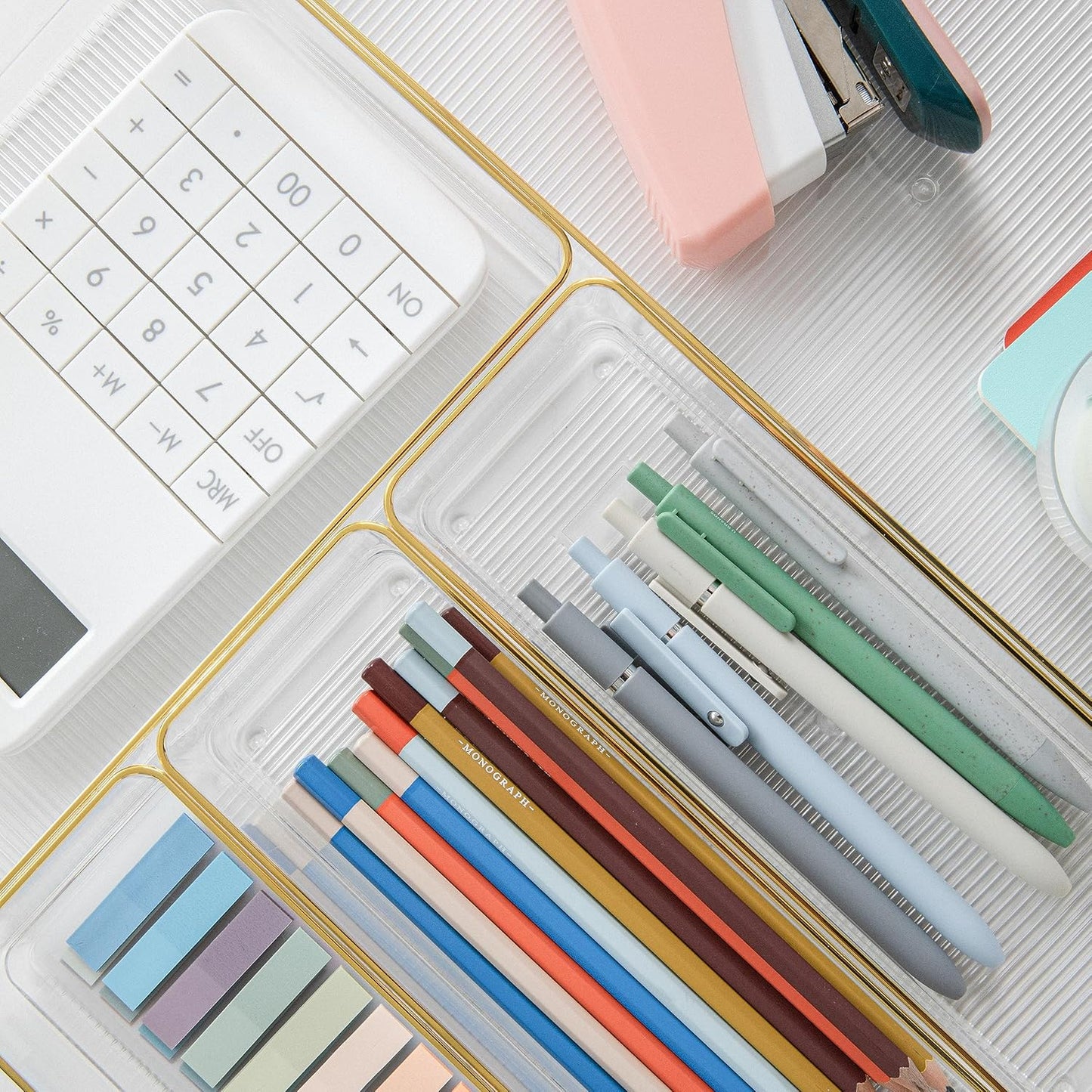 Martha Stewart Kerry Plastic Stackable Office Desk Drawer Organizers, Set of 8, with Gold Trim