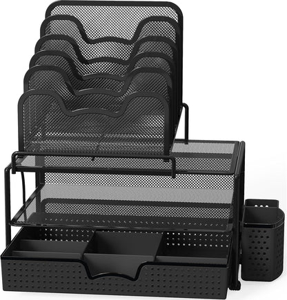 Simple Houseware Mesh Desk Organizer with Sliding Drawer, Double Tray and 5 Stacking Sorter Sections, Black