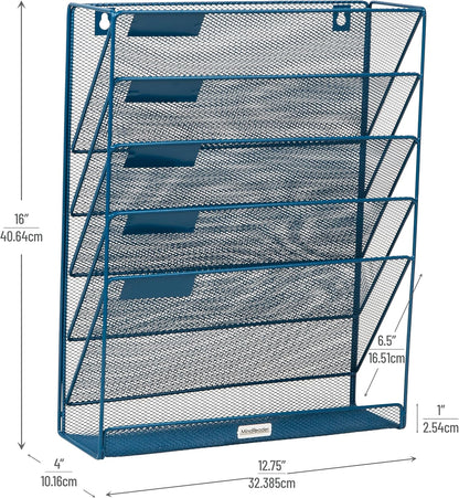 Mind Reader 5-Pocket Vertical File Storage, Desktop Organizer, Wall Mount, Office, Metal Mesh, Pink
