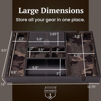 HOUNDSBAY Victory Valet Tray for Men, Camo Gifts for Men, Handmade PU Leather EDC Tray, Scratch Resistant, Nightstand Organizer - Black Woodland Camo