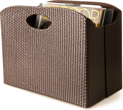 BLU MONACO Brown Woven Leather Magazine Holder Basket with Handles | Vertical File Organizer for Desk | File Folder Storage Bin for Office, Living Room or Bathroom