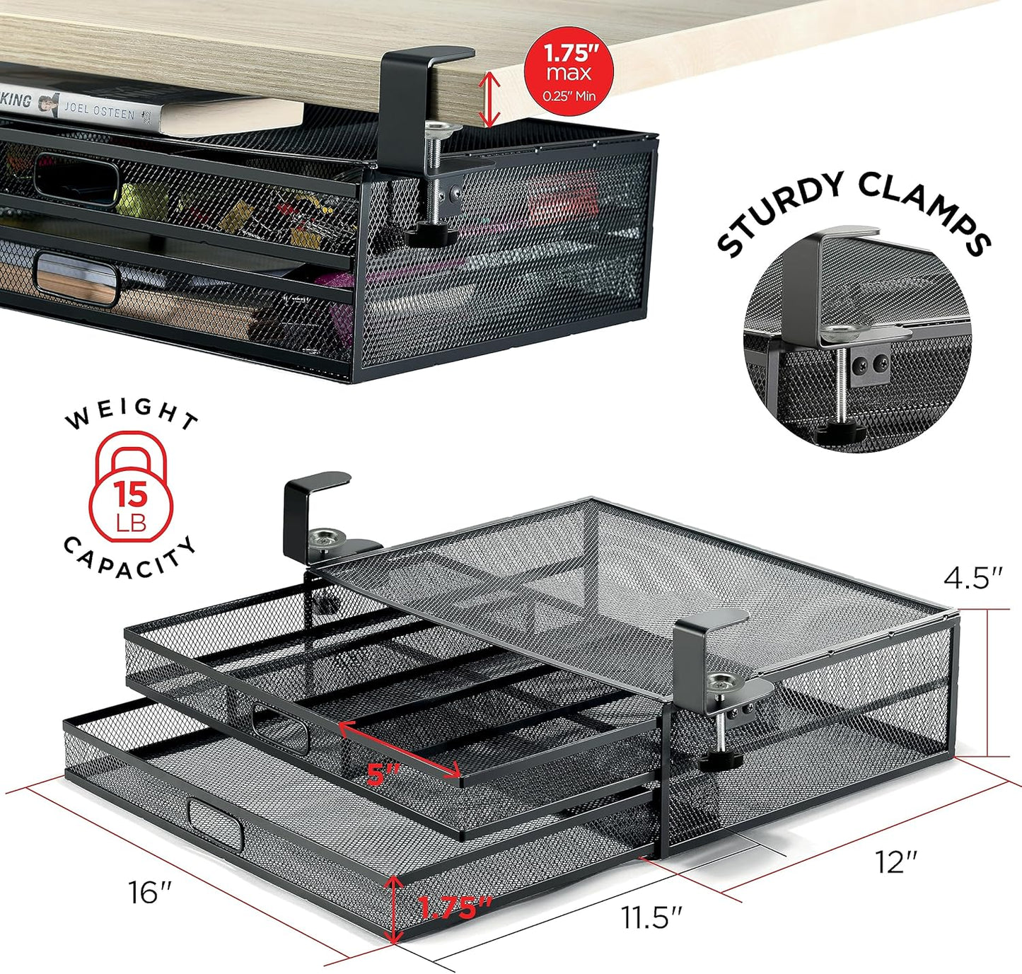 Under Desk Drawer Organizer Clamp-On, Mesh Metal Attachment, 1 Drawer Slide Out, On or Under Desk Organizer for Office Supplies & Home Essentials