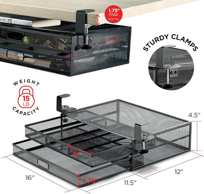 Under Desk Drawer Organizer Clamp-On, Mesh Metal Attachment, 1 Drawer Slide Out, On or Under Desk Organizer for Office Supplies & Home Essentials