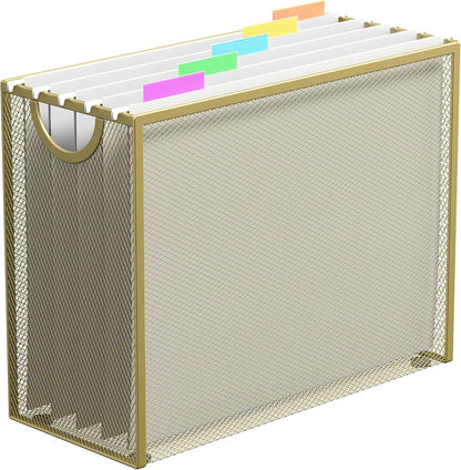 Hanging File Organizer, Letter-Size File Holder Filing Box with 5 Hanging Folders, Metal Mesh Desk File Folder Storage(No Assembly Required) (with 5 Grey Folders)