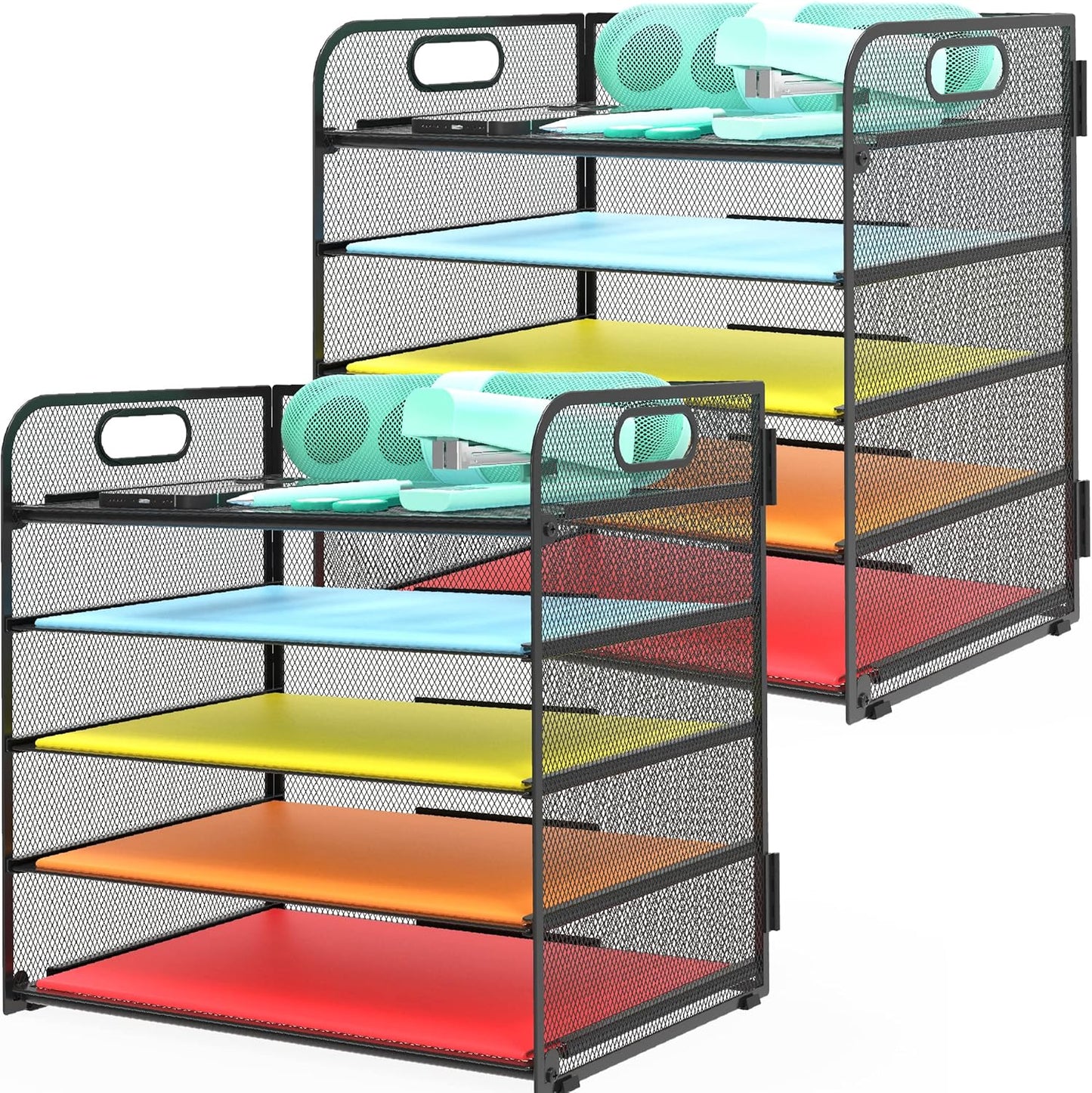Letter Tray Paper Organizer 5-Tier Desk Organizer File Organizer Paper Holder with Handle, Metal Desktop Document Shelf Tray Office Classroom Organization - Black