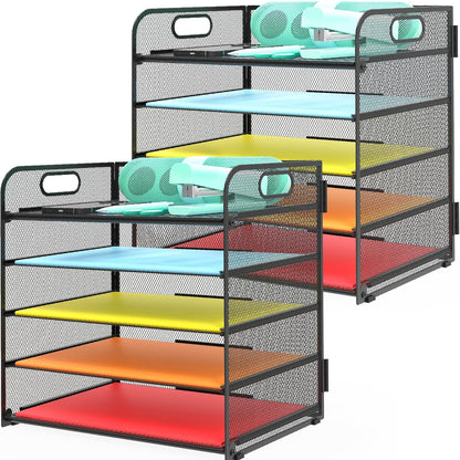Letter Tray Paper Organizer 5-Tier Desk Organizer File Organizer Paper Holder with Handle, Metal Desktop Document Shelf Tray Office Classroom Organization - Black