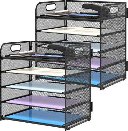 Supeasy 5 Trays Paper Organizer Letter Tray with Handle-Mesh Desk File Holders, Paper Sorter Desk Organizer for Office, Home, Classroom or School, White