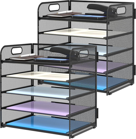 Supeasy 5 Trays Paper Organizer Letter Tray with Handle-Mesh Desk File Holders, Paper Sorter Desk Organizer for Office, Home, Classroom or School, White