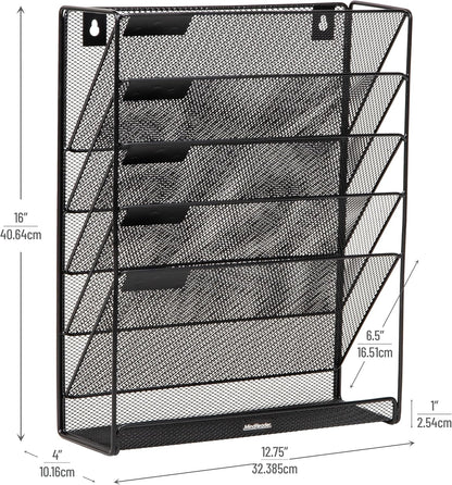 Mind Reader 5-Pocket Vertical File Storage, Desktop Organizer, Wall Mount, Office, Metal Mesh, Pink