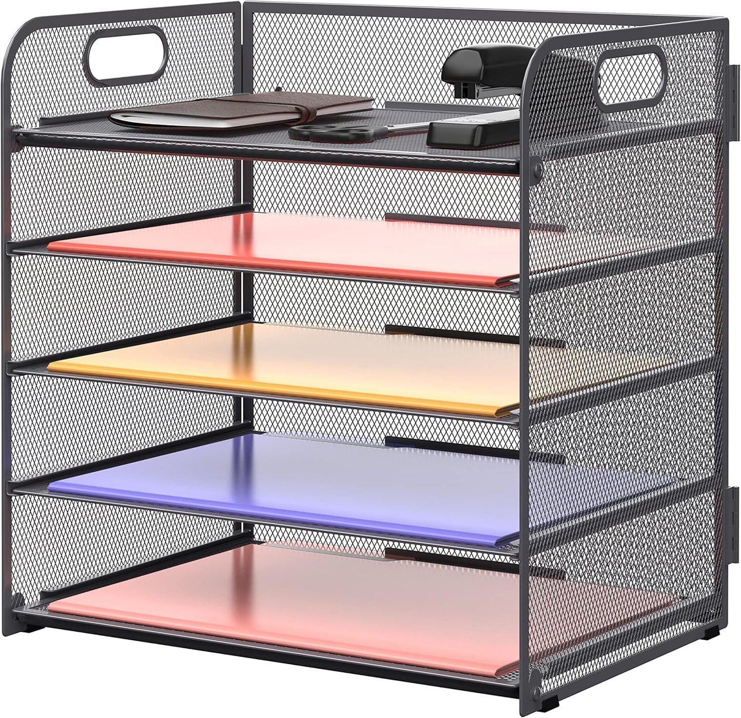 Supeasy 5 Trays Paper Organizer Letter Tray with Handle-Mesh Desk File Holders, Paper Sorter Desk Organizer for Office, Home, Classroom or School, White