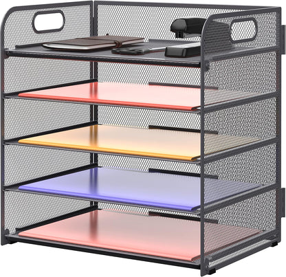 Supeasy 5 Trays Paper Organizer Letter Tray with Handle-Mesh Desk File Holders, Paper Sorter Desk Organizer for Office, Home, Classroom or School, White
