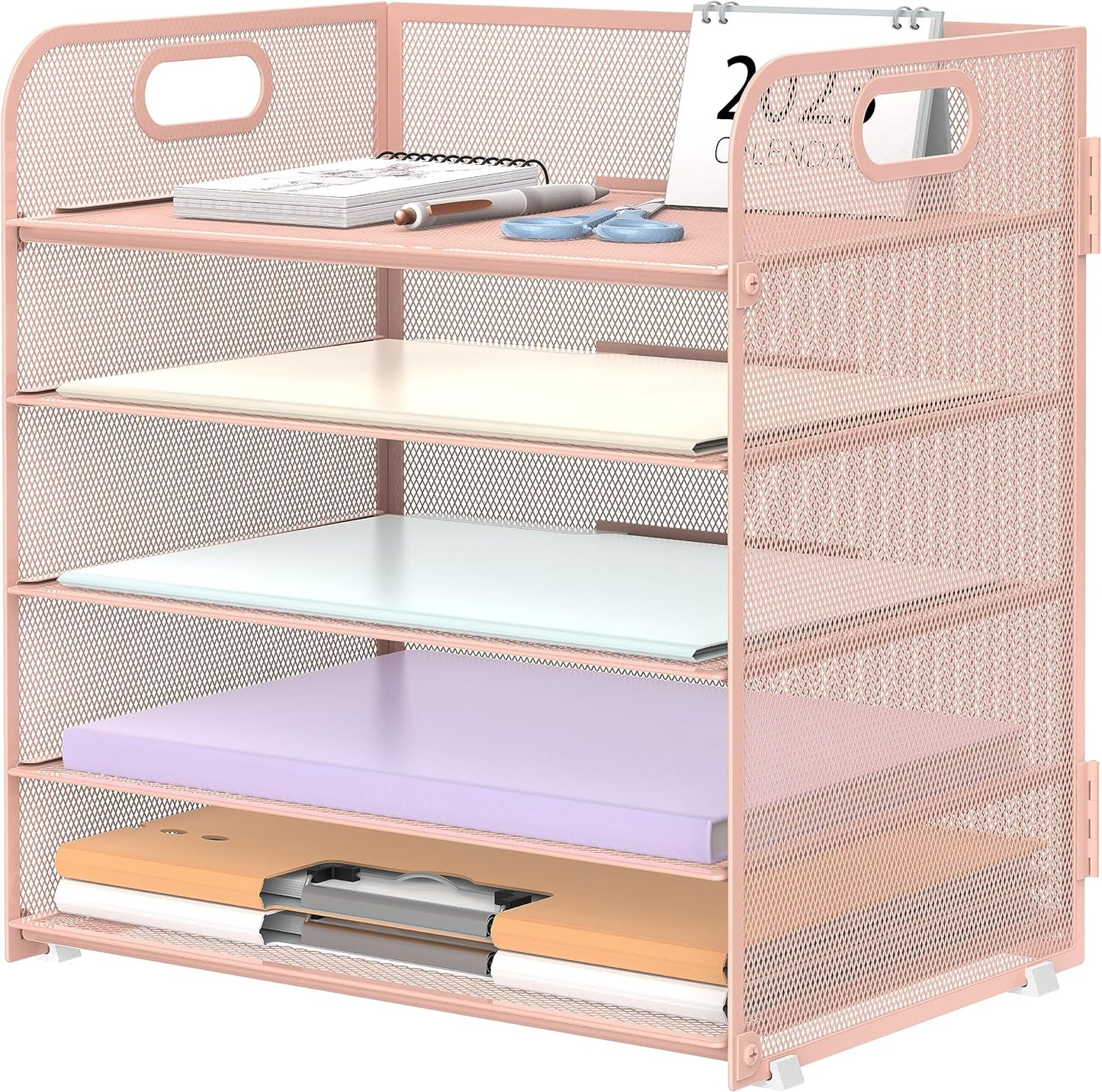 Supeasy 5 Trays Paper Organizer Letter Tray with Handle-Mesh Desk File Holders, Paper Sorter Desk Organizer for Office, Home, Classroom or School, White