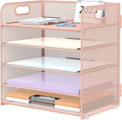Supeasy 5 Trays Paper Organizer Letter Tray with Handle-Mesh Desk File Holders, Paper Sorter Desk Organizer for Office, Home, Classroom or School, White