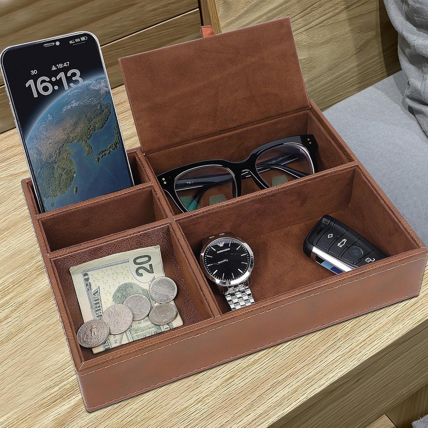 Zcaukya Men's Valet Tray, Jewelry Box Nightstand Organizer with 5 Compartments for Phone Keys Wallet Watch Glasses, Faux Leather Dresser Entryway Catchall Holder for Father's Day Gift (Black)