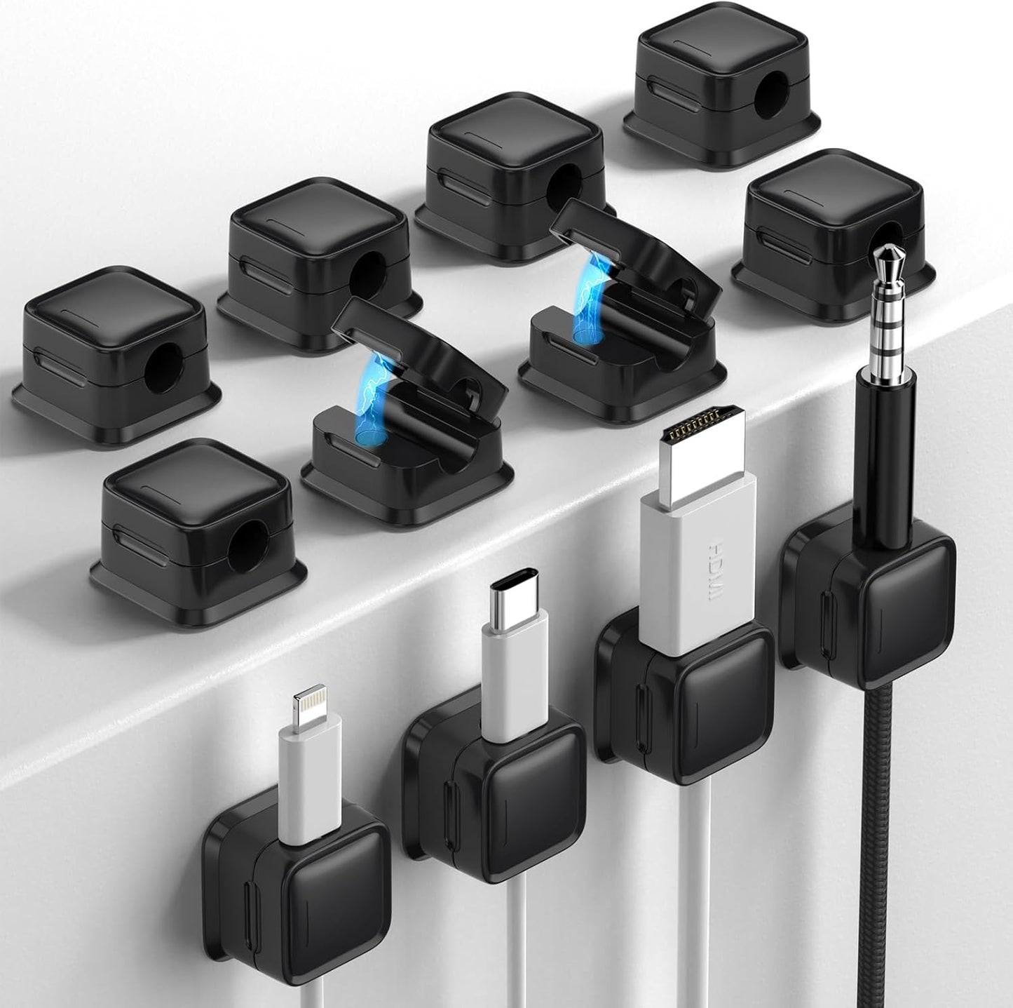9 Pack Cord Organizer, Magnetic Cable Clips, Under Desk Management, Black | 0.27in Cable Compatible,Strong Adheive Wire Holder Keeper,Easy Open Phone Charger Holder for Home Car Desk Nightstand Office