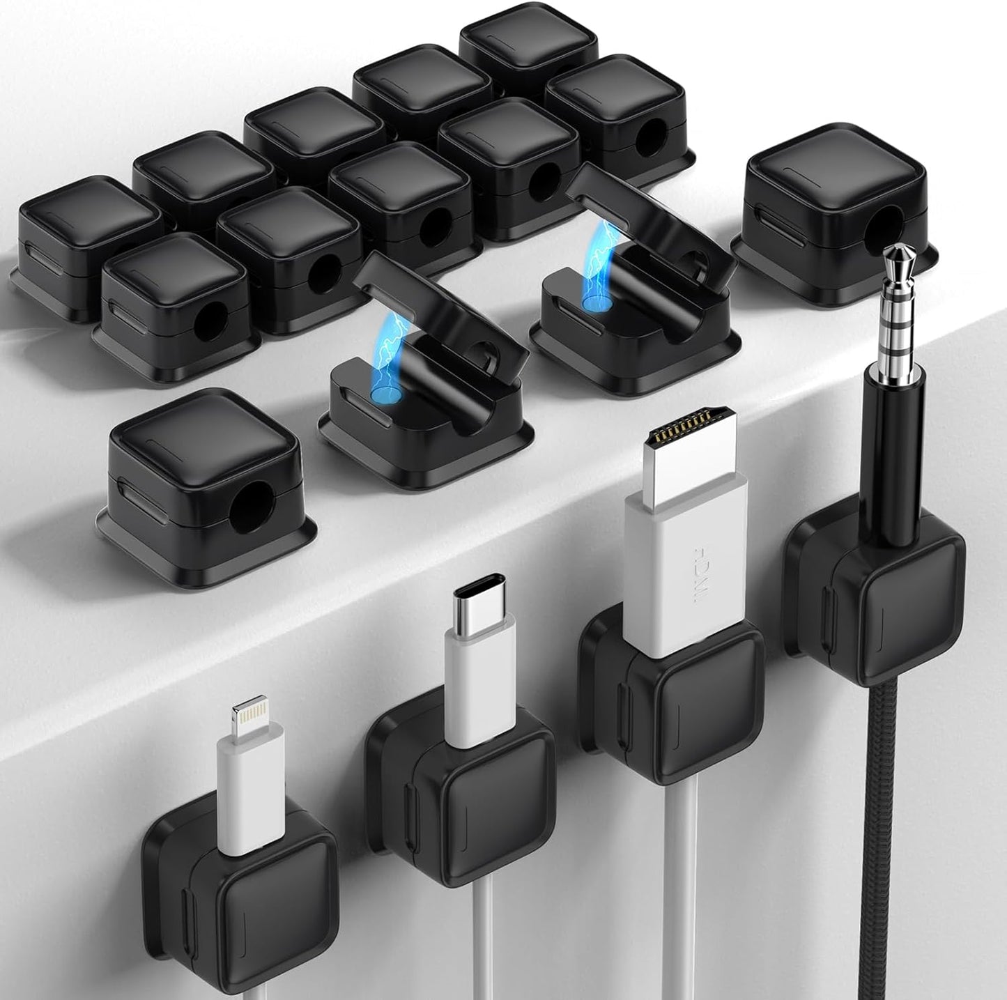 9 Pack Cord Organizer, Magnetic Cable Clips, Under Desk Management, Black | 0.27in Cable Compatible,Strong Adheive Wire Holder Keeper,Easy Open Phone Charger Holder for Home Car Desk Nightstand Office