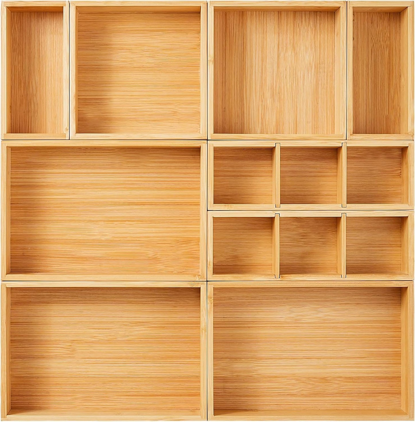 Drawer Organizer, Set of 9 Bamboo Wood Kitchen Makeup Desk Junk Tea Drawer Storage Boxes Bins for Cutlery Silverware Utensils Flatware, Small Wooden Container Tray for Bathroom, Office