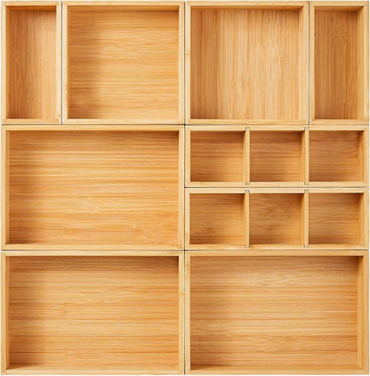 Drawer Organizer, Set of 9 Bamboo Wood Kitchen Makeup Desk Junk Tea Drawer Storage Boxes Bins for Cutlery Silverware Utensils Flatware, Small Wooden Container Tray for Bathroom, Office