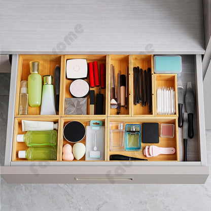 Drawer Organizer, Set of 9 Bamboo Wood Kitchen Makeup Desk Junk Tea Drawer Storage Boxes Bins for Cutlery Silverware Utensils Flatware, Small Wooden Container Tray for Bathroom, Office