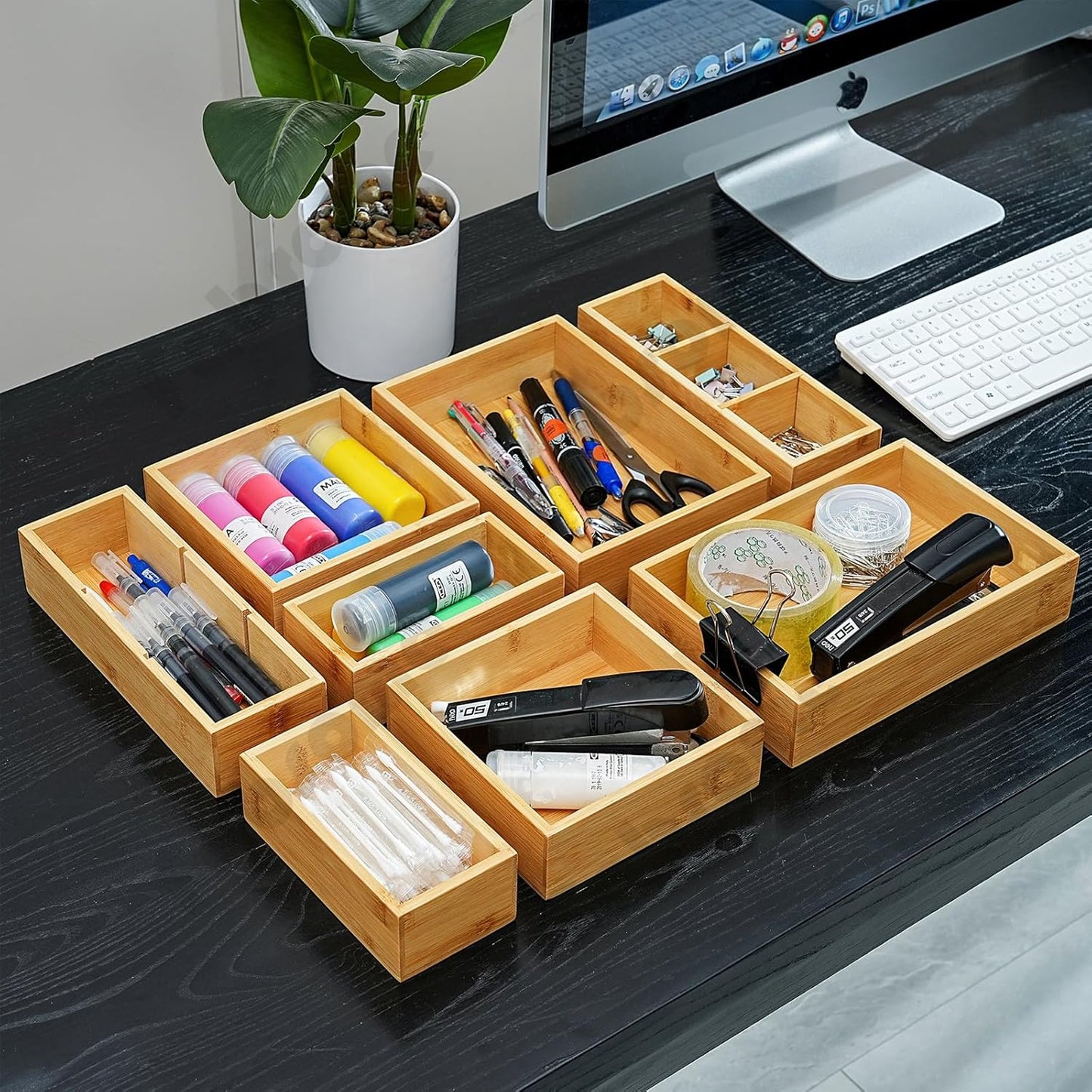 Drawer Organizer, Set of 9 Bamboo Wood Kitchen Makeup Desk Junk Tea Drawer Storage Boxes Bins for Cutlery Silverware Utensils Flatware, Small Wooden Container Tray for Bathroom, Office