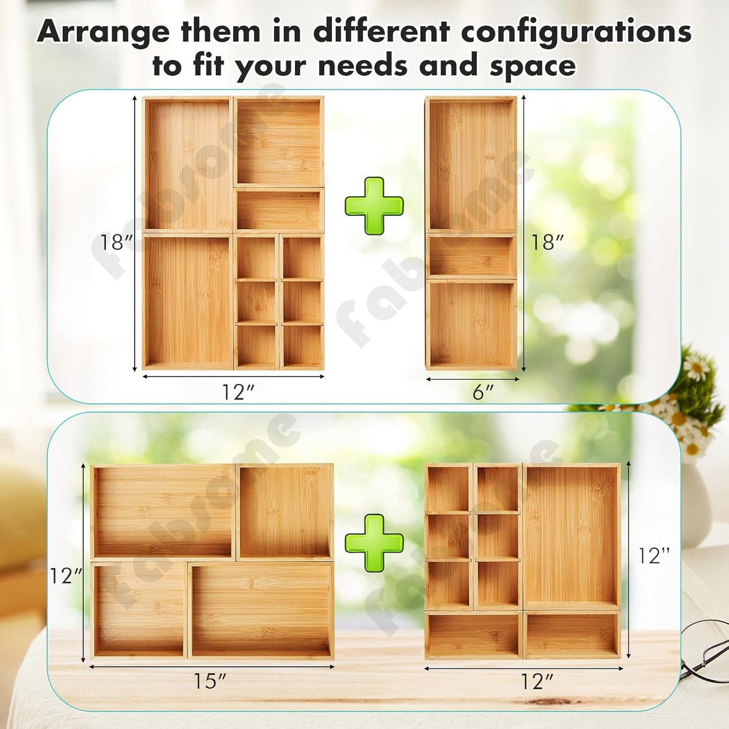 Drawer Organizer, Set of 9 Bamboo Wood Kitchen Makeup Desk Junk Tea Drawer Storage Boxes Bins for Cutlery Silverware Utensils Flatware, Small Wooden Container Tray for Bathroom, Office