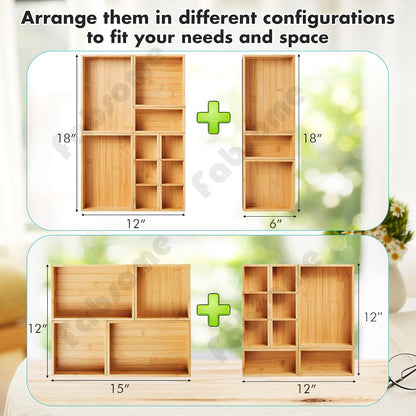 Drawer Organizer, Set of 9 Bamboo Wood Kitchen Makeup Desk Junk Tea Drawer Storage Boxes Bins for Cutlery Silverware Utensils Flatware, Small Wooden Container Tray for Bathroom, Office