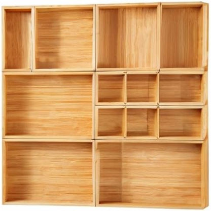 Drawer Organizer, Set of 9 Bamboo Wood Kitchen Makeup Desk Junk Tea Drawer Storage Boxes Bins for Cutlery Silverware Utensils Flatware, Small Wooden Container Tray for Bathroom, Office