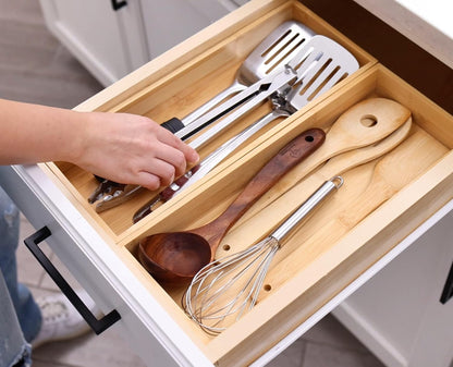 Drawer Organizer, Set of 9 Bamboo Wood Kitchen Makeup Desk Junk Tea Drawer Storage Boxes Bins for Cutlery Silverware Utensils Flatware, Small Wooden Container Tray for Bathroom, Office
