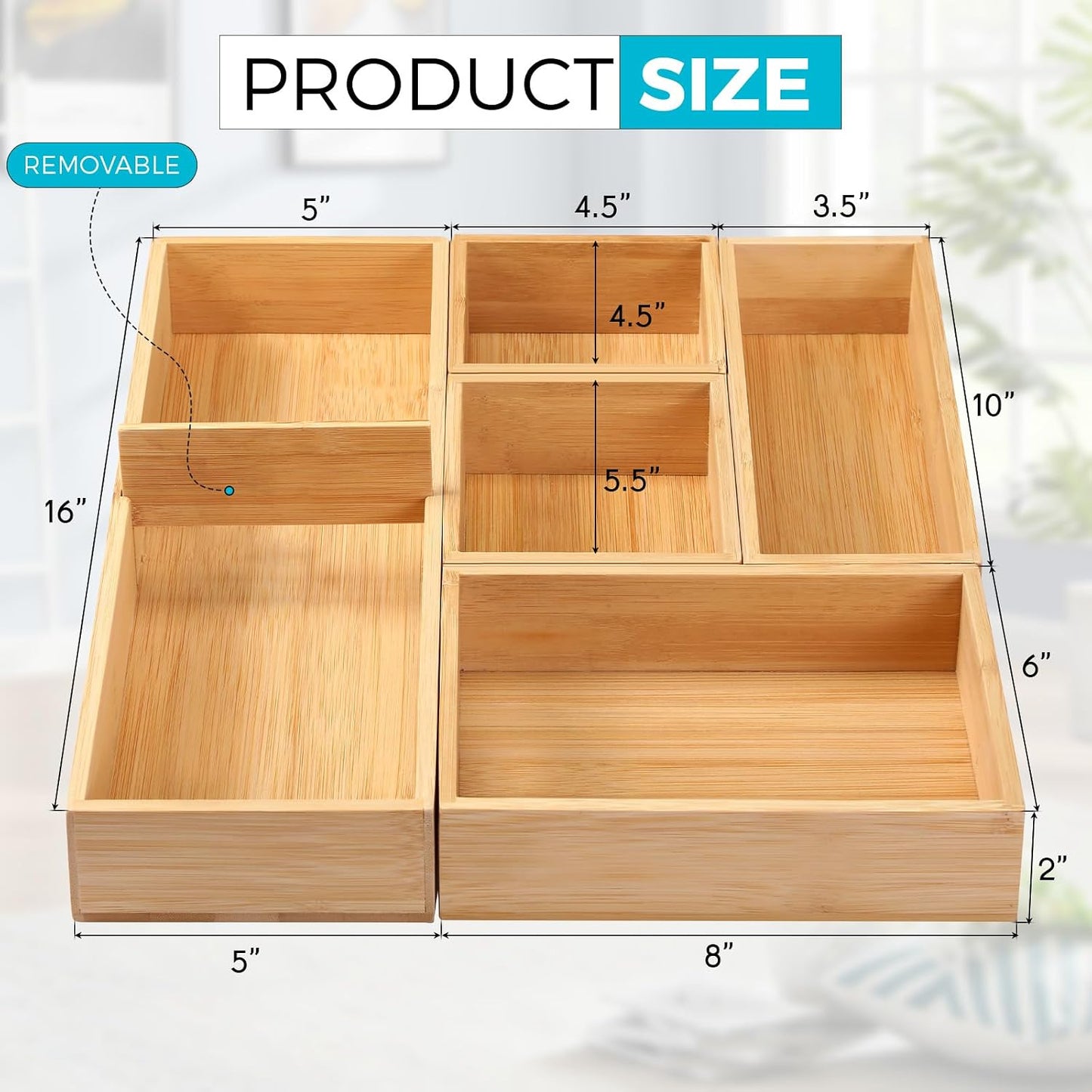Drawer Organizer, Set of 9 Bamboo Wood Kitchen Makeup Desk Junk Tea Drawer Storage Boxes Bins for Cutlery Silverware Utensils Flatware, Small Wooden Container Tray for Bathroom, Office