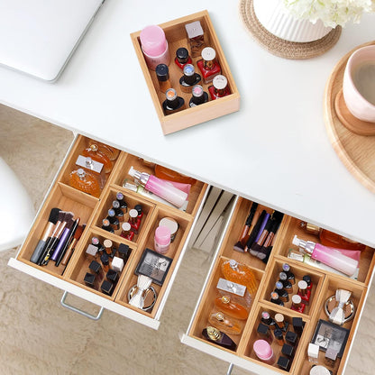 Drawer Organizer, Set of 9 Bamboo Wood Kitchen Makeup Desk Junk Tea Drawer Storage Boxes Bins for Cutlery Silverware Utensils Flatware, Small Wooden Container Tray for Bathroom, Office
