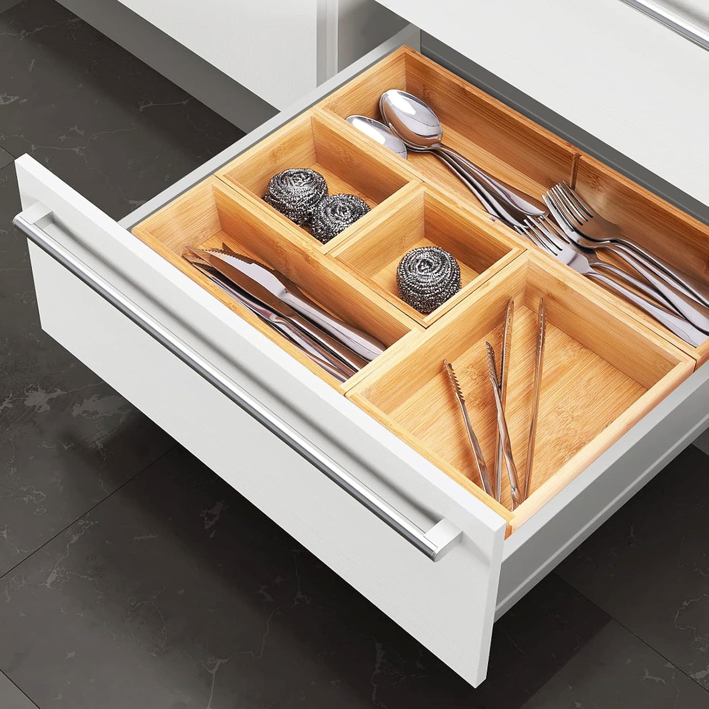 Drawer Organizer, Set of 9 Bamboo Wood Kitchen Makeup Desk Junk Tea Drawer Storage Boxes Bins for Cutlery Silverware Utensils Flatware, Small Wooden Container Tray for Bathroom, Office