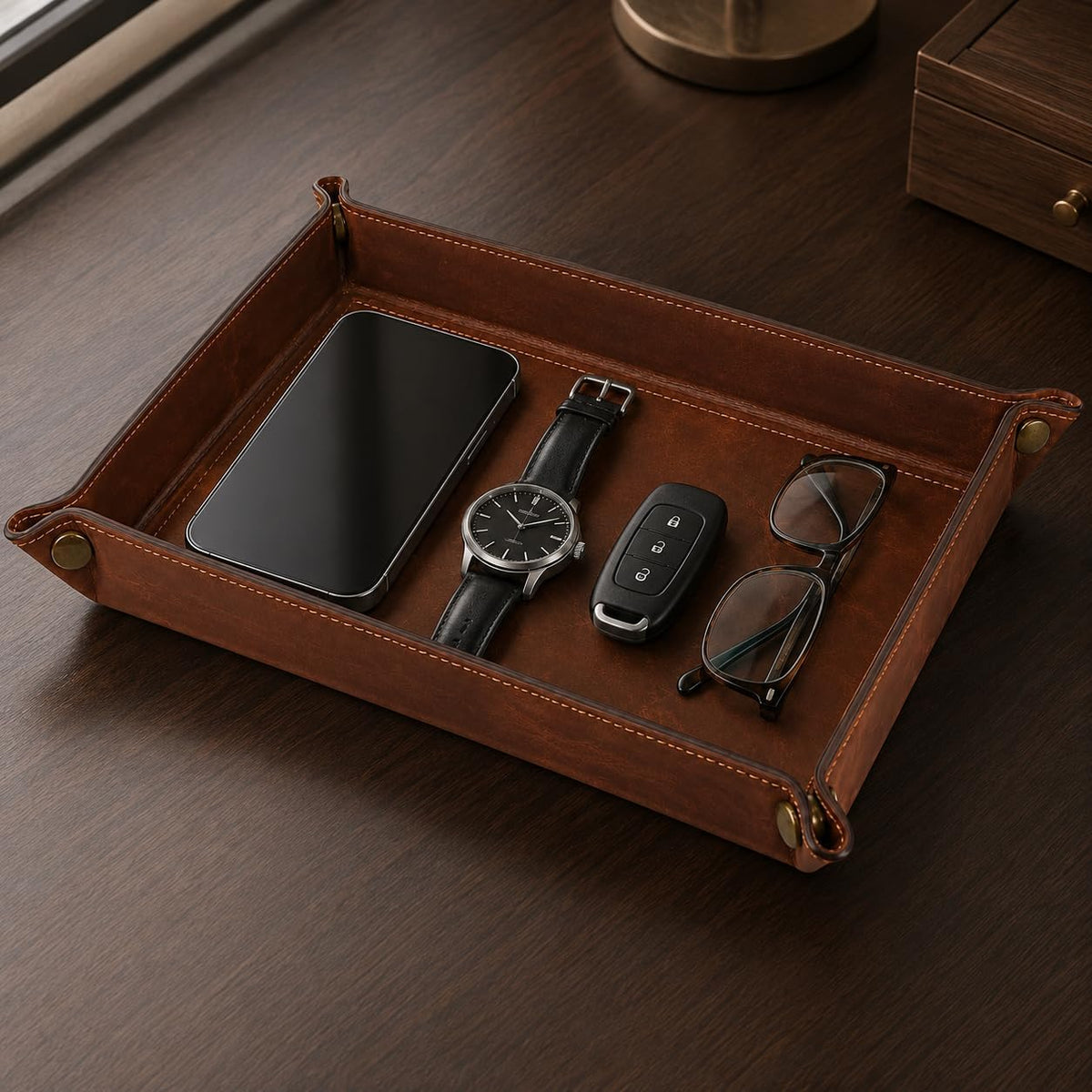 Tolredo Handmade Top Grain Leather Valet Tray, Catchall Organizer for Wallet, Keys, Phone, Watch & Accessories (Pack of 1 (11"x8") - Caramel Brown)