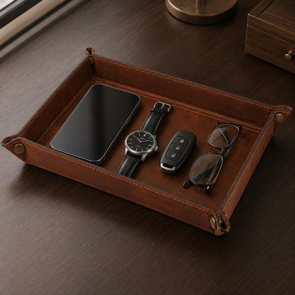 Tolredo Handmade Top Grain Leather Valet Tray, Catchall Organizer for Wallet, Keys, Phone, Watch & Accessories (Pack of 1 (11"x8") - Caramel Brown)