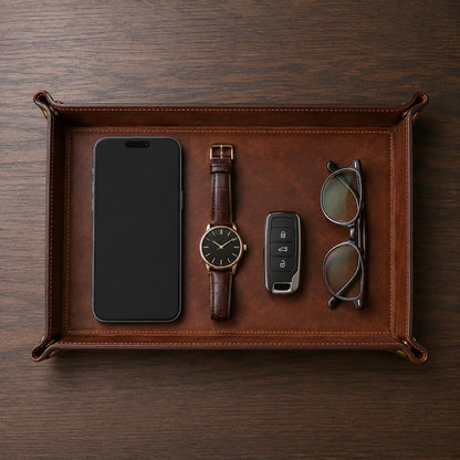 Tolredo Handmade Top Grain Leather Valet Tray, Catchall Organizer for Wallet, Keys, Phone, Watch & Accessories (Pack of 1 (11"x8") - Caramel Brown)