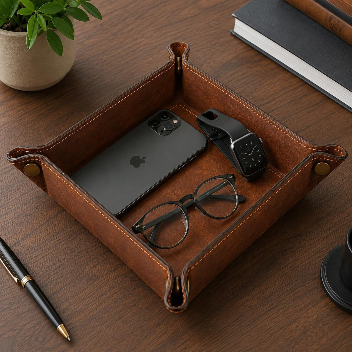 Tolredo Handmade Top Grain Leather Valet Tray, Catchall Organizer for Wallet, Keys, Phone, Watch & Accessories (Pack of 1 (11"x8") - Caramel Brown)