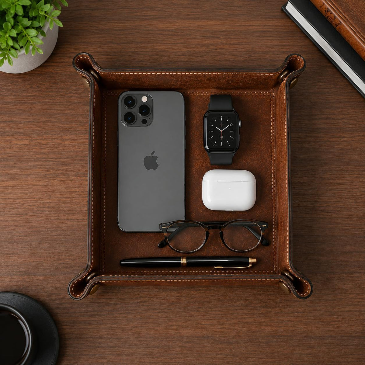 Tolredo Handmade Top Grain Leather Valet Tray, Catchall Organizer for Wallet, Keys, Phone, Watch & Accessories (Pack of 1 (11"x8") - Caramel Brown)