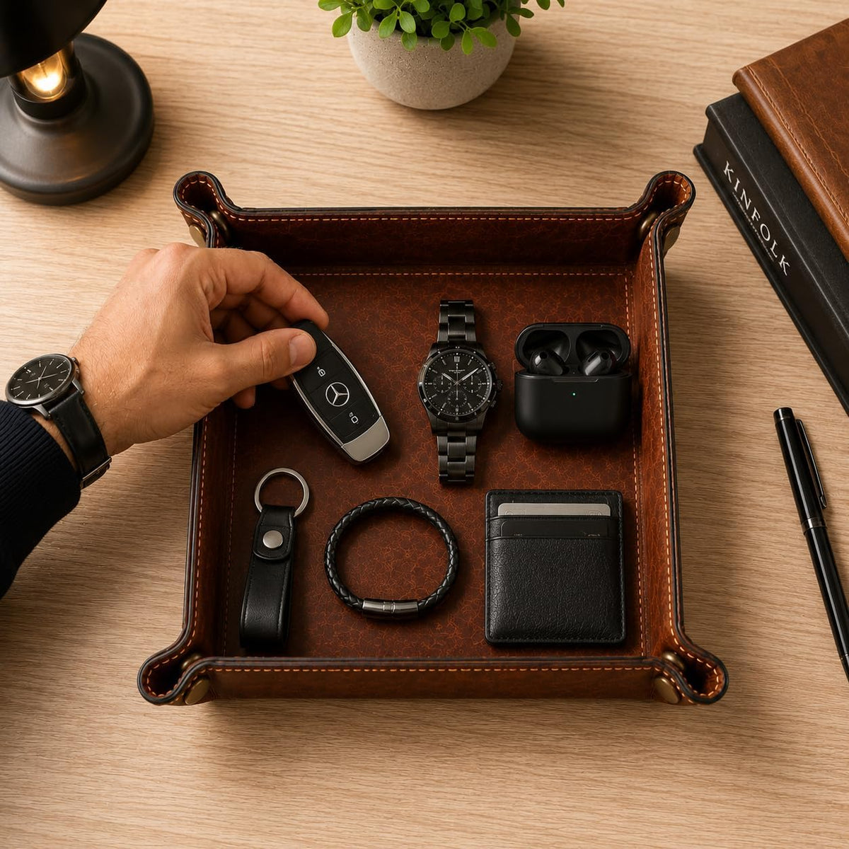 Tolredo Handmade Top Grain Leather Valet Tray, Catchall Organizer for Wallet, Keys, Phone, Watch & Accessories (Pack of 1 (11"x8") - Caramel Brown)