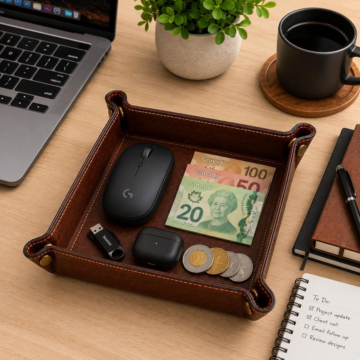 Tolredo Handmade Top Grain Leather Valet Tray, Catchall Organizer for Wallet, Keys, Phone, Watch & Accessories (Pack of 1 (11"x8") - Caramel Brown)