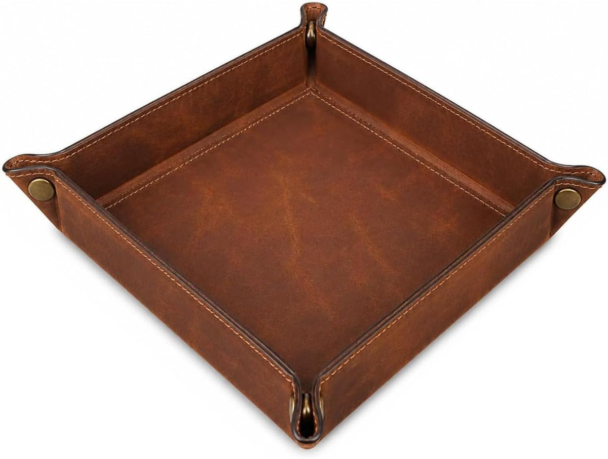Tolredo Handmade Top Grain Leather Valet Tray, Catchall Organizer for Wallet, Keys, Phone, Watch & Accessories (Pack of 1 (11"x8") - Caramel Brown)