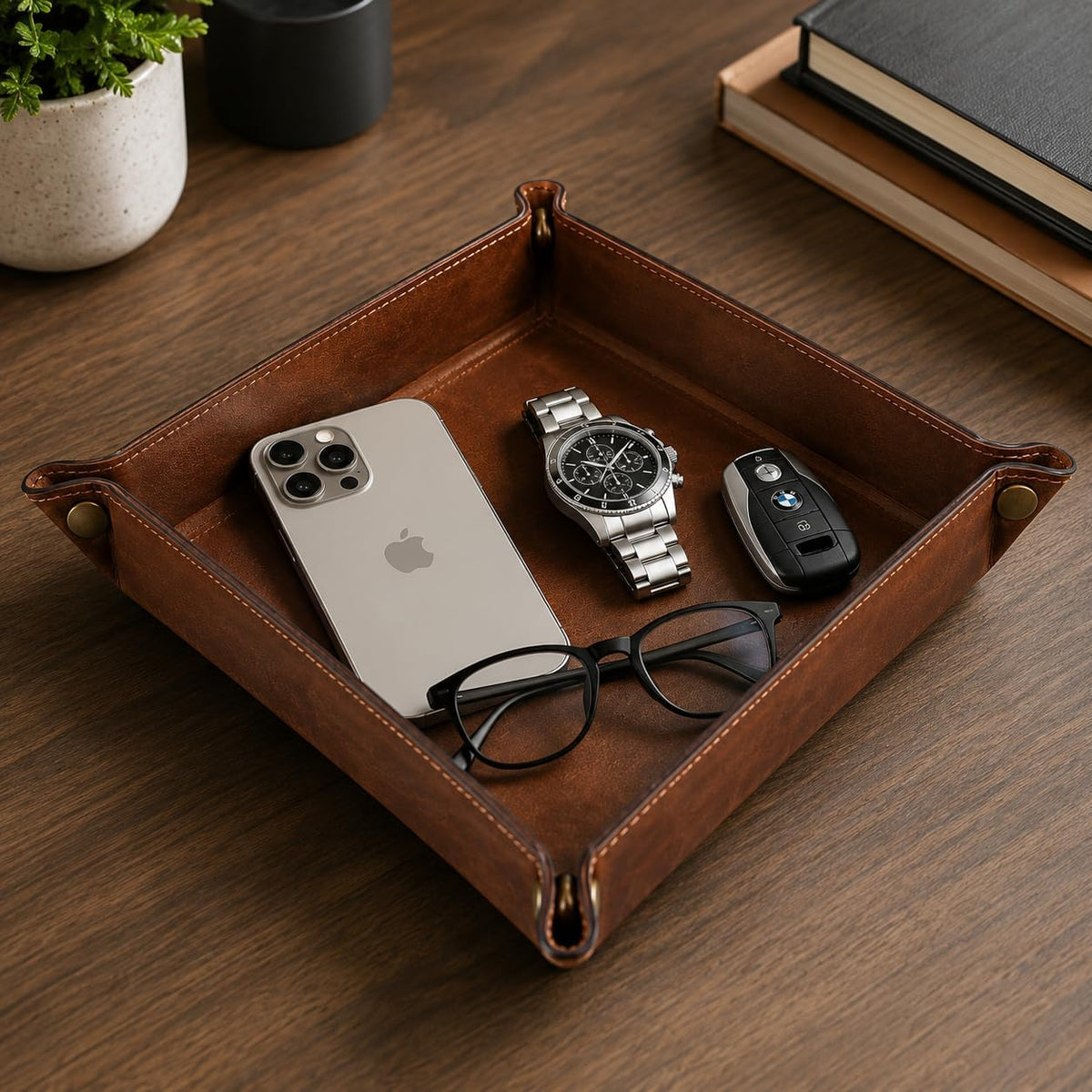 Tolredo Handmade Top Grain Leather Valet Tray, Catchall Organizer for Wallet, Keys, Phone, Watch & Accessories (Pack of 1 (11"x8") - Caramel Brown)