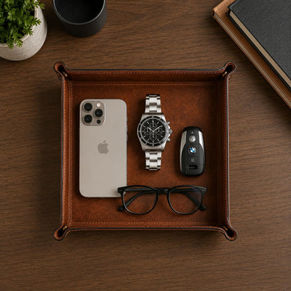 Tolredo Handmade Top Grain Leather Valet Tray, Catchall Organizer for Wallet, Keys, Phone, Watch & Accessories (Pack of 1 (11"x8") - Caramel Brown)