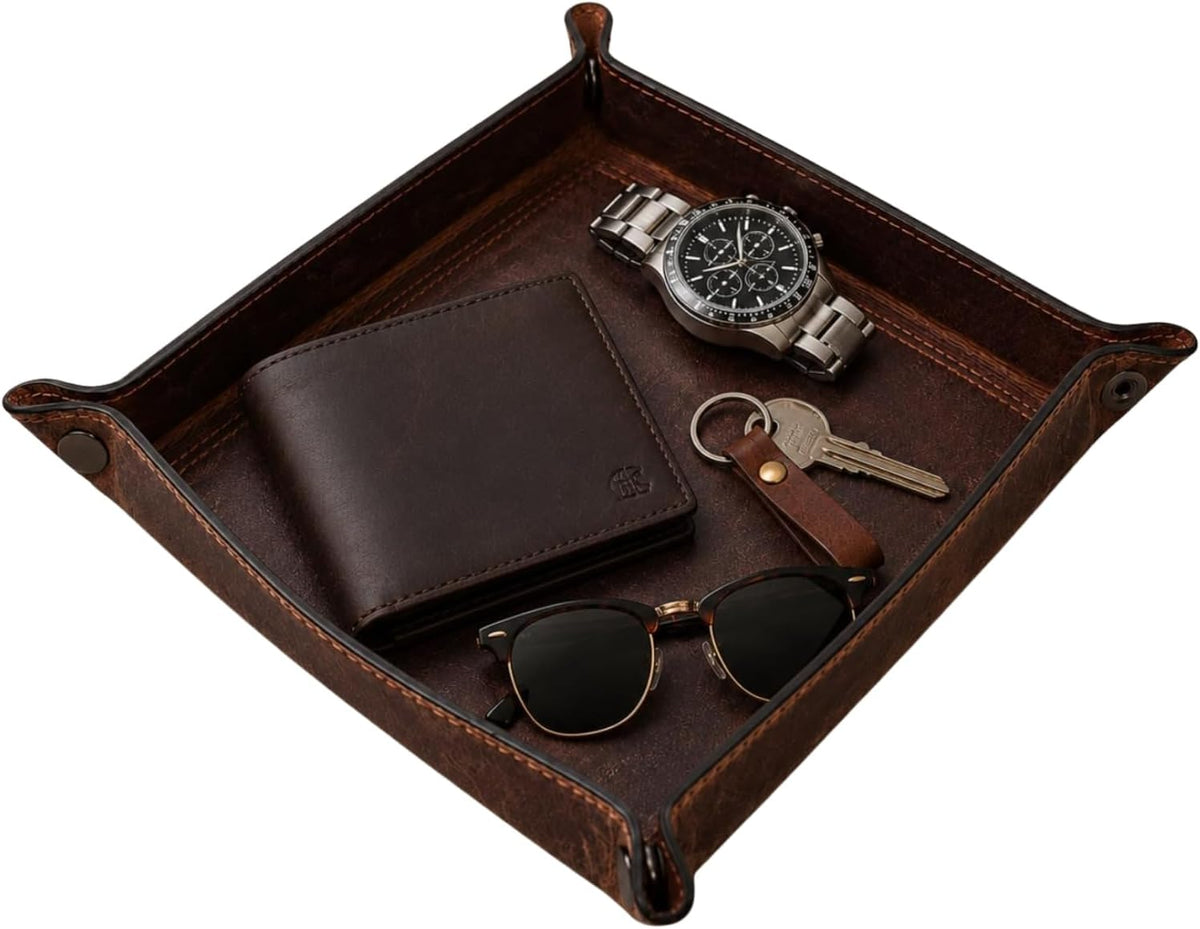 Tolredo Handmade Top Grain Leather Valet Tray, Catchall Organizer for Wallet, Keys, Phone, Watch & Accessories (Pack of 1 (11"x8") - Caramel Brown)