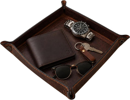 Tolredo Handmade Top Grain Leather Valet Tray, Catchall Organizer for Wallet, Keys, Phone, Watch & Accessories (Pack of 1 (11"x8") - Caramel Brown)