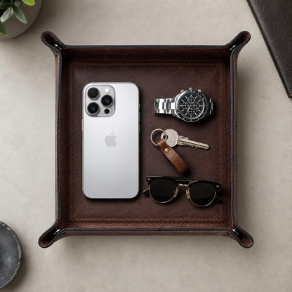 Tolredo Handmade Top Grain Leather Valet Tray, Catchall Organizer for Wallet, Keys, Phone, Watch & Accessories (Pack of 1 (11"x8") - Caramel Brown)