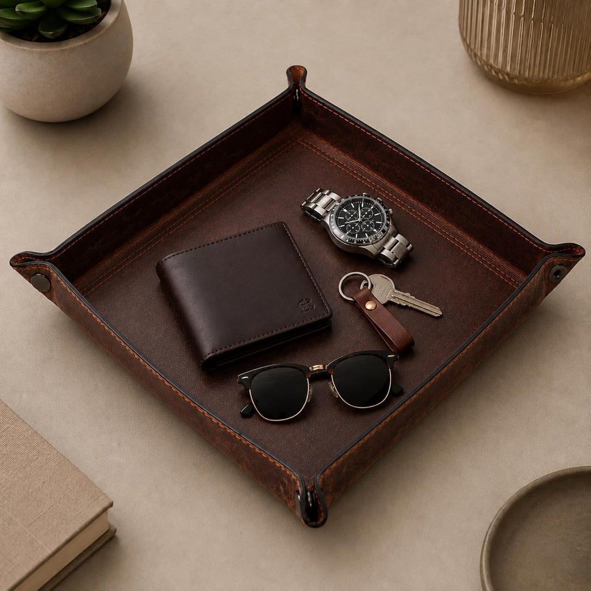 Tolredo Handmade Top Grain Leather Valet Tray, Catchall Organizer for Wallet, Keys, Phone, Watch & Accessories (Pack of 1 (11"x8") - Caramel Brown)