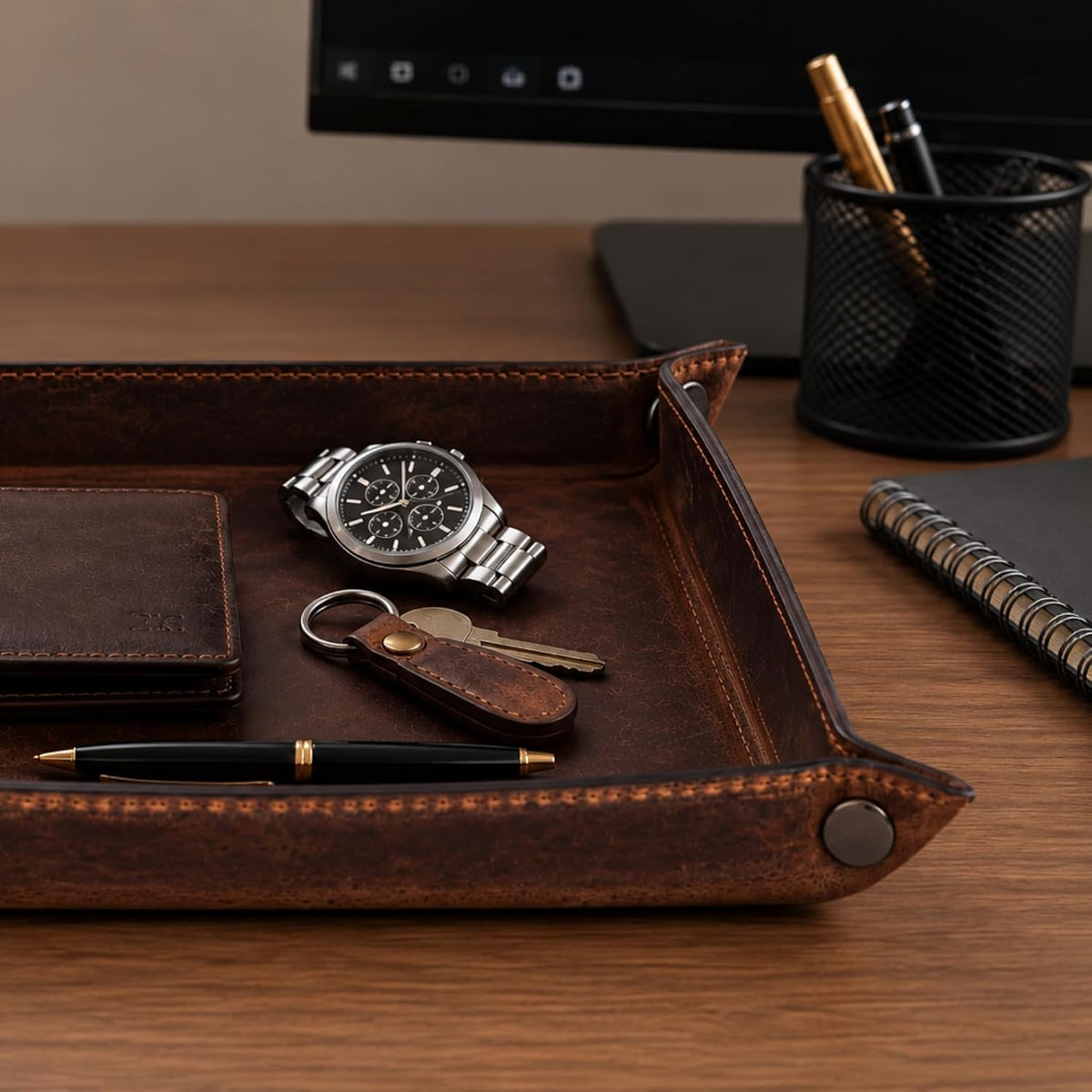 Tolredo Handmade Top Grain Leather Valet Tray, Catchall Organizer for Wallet, Keys, Phone, Watch & Accessories (Pack of 1 (11"x8") - Caramel Brown)