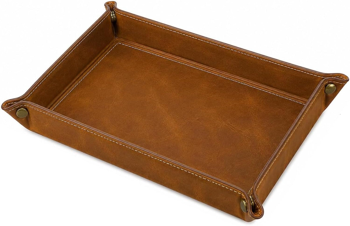 Tolredo Handmade Top Grain Leather Valet Tray, Catchall Organizer for Wallet, Keys, Phone, Watch & Accessories (Pack of 1 (11"x8") - Caramel Brown)